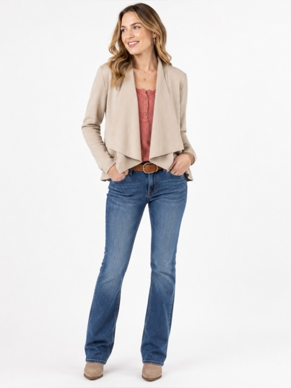 Beige Open Front Draped Jacket Flyaway Cardigan RED BY BKE Sz XS